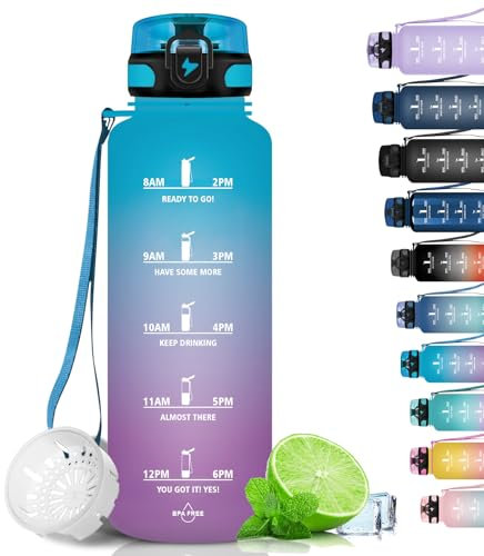 Grsta Trinkflasche 1,5 Liter - Trinkflasche Sport, BPA Frei, Trinkflasche Kohlensäure Geeignet, Auslaufsicher, Wasserflasche mit Filter und Zeitmarkierung für Fahrrad, Fitness, Büro und Outdoor