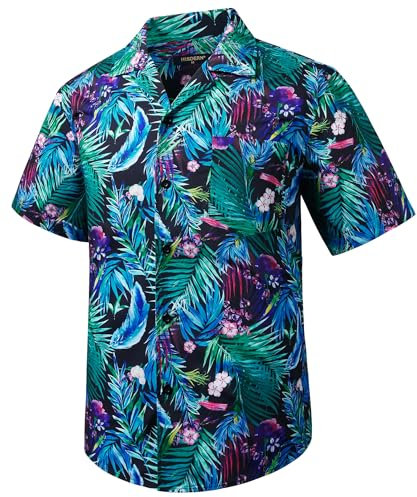 HISDERN Hawaiian Shirt Mens Shirts Short Sleeve Summer Funky Hawaii Leaf Printed Button Down Short Sleeved Cuban Collar Beach Shirts for Men Holiday Party Multicolor L