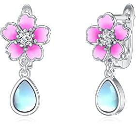 HARMONY BOLA Boucles d'oreilles en argent sterling en forme de goutte en forme de fleur de cerisier Sakura en forme de goutte pour femmes et filles, cadeaux d'anniversaire, Argent sterling, Pierre de
