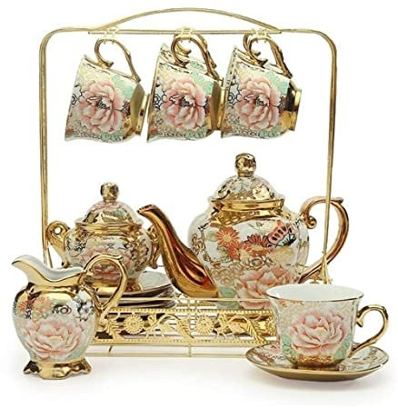 Service à thé pour adultes, 16 pièces, service à thé en céramique, service à café en porcelaine rétro européen avec support, soucoupes, canette de sucre, bouilloires à lait pour la maison, services à