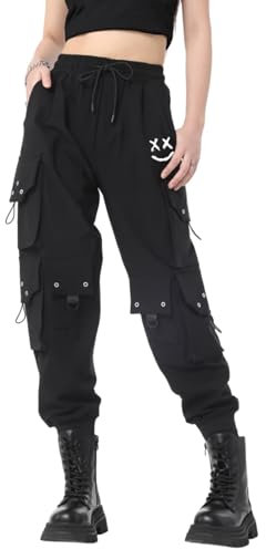 CLOAKA Cargohose Damen Hosen Jogginghose Hose Baggy Weites Bein Y2k Pants Outdoor High Waist Stretch Cargo Techwear Streetwear Bequeme Große Größen Gothic Breite Gummizug Cargohosen Print Schwarz 3XL