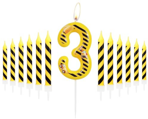 Maschinenfahrzeug-Geburtstagskerzen, Geburtstags-Kerze Zahl 3 mit gelben und schwarzen Streifen, 3rd Geburtstagskerzen für Jungen Mädchen, Maschinenfahrzeug Geburtstag Party Dekoration Supplies