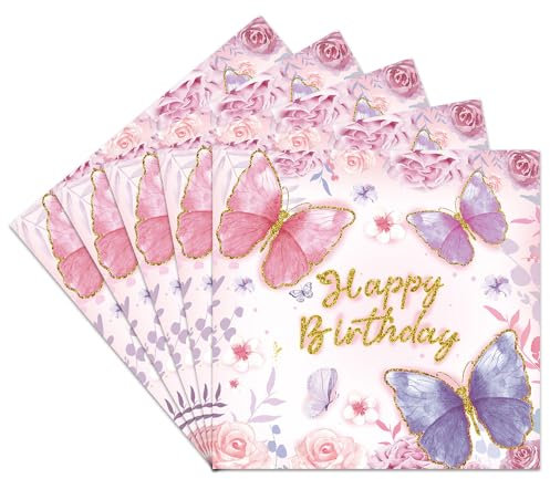 Wnddle 20 Stück Servietten, Schmetterlingsservietten, ervietten Geburtstag, Tisch Dekoration Vintage Papierservietten, Servietten Happy Birthday party dekorationen, für Geburtstage, Party
