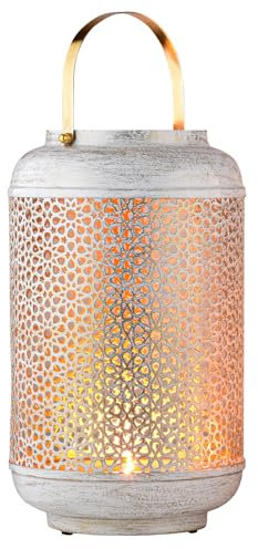 Marrakesch Boho Deko Windlicht Laterne 30cm rund aus Metall in weiß | Teelichthalter als Tischdeko Wohnzimmer Deko | Kerzenhalter Windlichter Anago als Balkon Terrasse & Garten Aesthetic Gartendeko