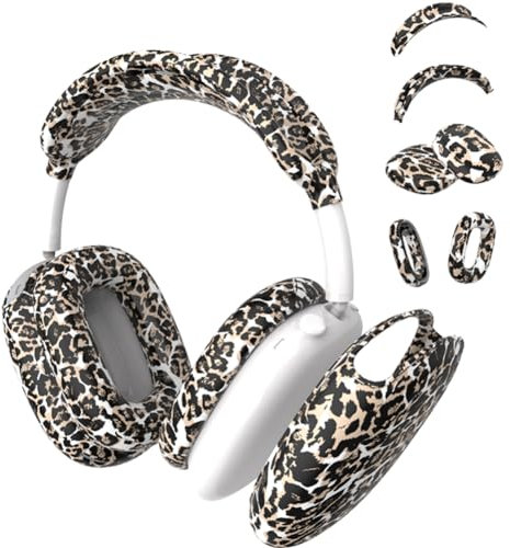4-in-1 Silikon-Schutzhülle, kompatibel mit Apple Airpods Max Kopfhörern (2024/2020), Bedruckte Ohrpolster-Hülle, Ohrmuschel-Abdeckung und Kopfband-Abdeckung, Kopfband-Pad, Zubehör (Leopard)