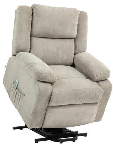 HOMCOM Fernsehsessel mit Aufstehhilfe Elektrisch Relaxsessel mit Liegefunktion, 3 Motor, TV-Sessel mit Taschenfeder, Schwerelosigkeit, Seitentasche und Fernbedienung, Hellgrau