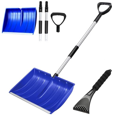 Hmfmdy Schneeschaufel, Große Kapazität Schneeschieber mit ergonomischem Griff, leichtes tragbares abnehmbares Schneeräumwerkzeug für Garten, Camping, Outdoor, Notfall, Schneemannspielen – Blau