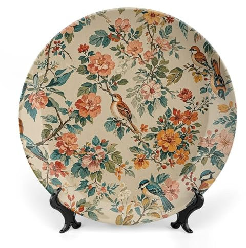 LFDSPYJE Dekorativer Teller zum Aufhängen an der Wand, Vogelmotiv, Blumenmuster, Knochenporzellan, dekorativer Teller, Keramik-Dekoteller mit Präsentationsständer, Speiseteller, Kunsthandwerk für