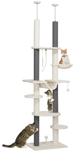 PawHut Árbol para Gatos de Suelo a Techo 225-255 cm Árbol Rascador para Gatos de 7 Niveles Torre para Gatos con Hamacas Plataformas Juguete de Cuerda Bola de Juguete Crema y Gris