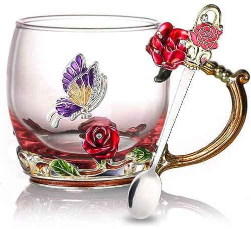 Tazze da Tè in Vetro Smaltato con Fiori 3D + Cucchiai - Regalo Elegante per Donne, Mamma, Amiche - Ideale per Festa della Mamma, San Valentino, Compleanni, Set di 2 bicchieri da caffè
