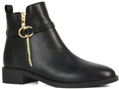 ESSEX GLAM Women's Chelsea Boots Ladies Flat Low Heel Pixie Deco Buckle Zip Synthetic Leather Casual Pixie Ankle Booties Shoe Size 3-8