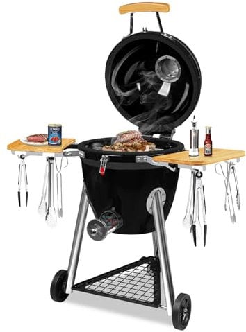 Large Kamado Charcoal Grill, Charcoal Grill with Smoker and Locking Lid, Kamado Charcoal Grill with Side Tray, Easy to Move and Clean, 18 Inches Large Charcoal Grills for Outdoor Cooking