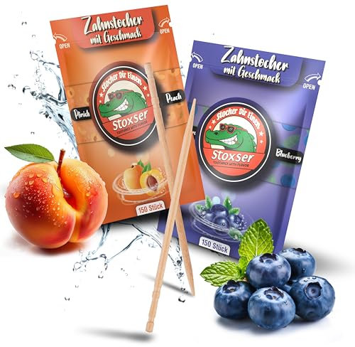 Stoxser 300 palillos de dientes con sabor, 2 unidades, melocotón y arándano, revolución del sabor, palillos de dientes, sin goma de mascar, soporte para pasta de dientes, eliminador de sarro, hilo