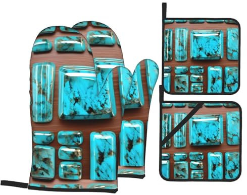 Bright Aqua Blue Turquoise Insulated Kitchen Baking Four Piece Set, fit for Microwave Ovens Ovens and Outdoor Grilling