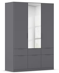 Rauch Möbel Dundee, Kleiderschrank, Schrank, Garderobe, Organizer, 3-türig, mit Spiegel, 6 Schubladen für mehr Stauraum, Farbe Grau metallic, Schwarz, Kurze Griffleiste Grau metallic, 136x197x54cm