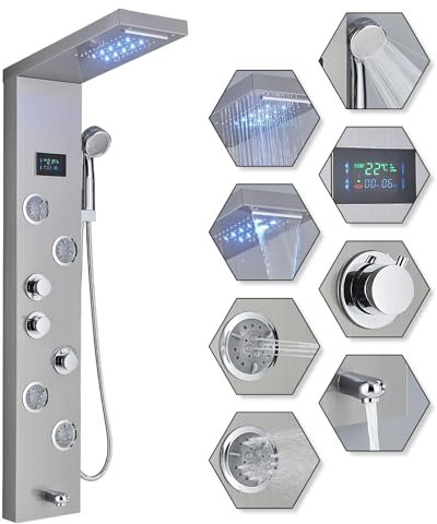 HARNART 5 in 1 Duschpaneel mit Armatur Gebürstet LED Duschpaneel mit ℃ Temperaturanzeige,Regendusche Nebeldusche Massagedusche Duschpaneele Wanneneinlauf Handbrause