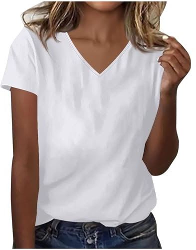 Dyhxuan Camiseta básica para mujer, monocolor, con cuello de pico, manga corta, camiseta de algodón, versátil, elegante, camiseta holgada, blusas ligeras, aireadas, Blanco, S