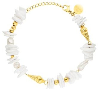 Purelei® Wela Armband Damen – Mit echten Süßwasserperlen, Keshi-Perlen & Muschelelementen – 316L Edelstahl vergoldet/rosé/silber – Verstellbar 16–19 cm – Wasserfest (Gold)