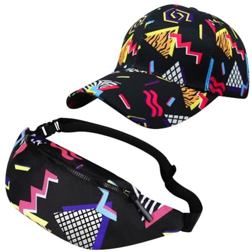 KABAKE 2 Stück 80er 90er Retro Cap für Frauen Männer Fanny Pack Baseball Hut Neon Kostüme Taille Tasche Sonnenhut für Rave Travel Themenparty