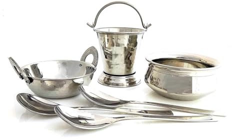 Steel Serving Set – 6 Pcs Hammered Design Handi, Bucket, Kadhai & 3 Serving Spoons – Traditional Indian Cookware for Dining & Kitchen – Silver Steel Utensils