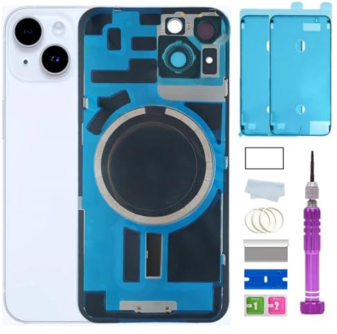 14 Back Glass Replacement for iPhone 14 Back Glass (6.1 Inches) with Pre-Installed Plate + Camera Frame + Lens + Reparing Tools (Starlight White)