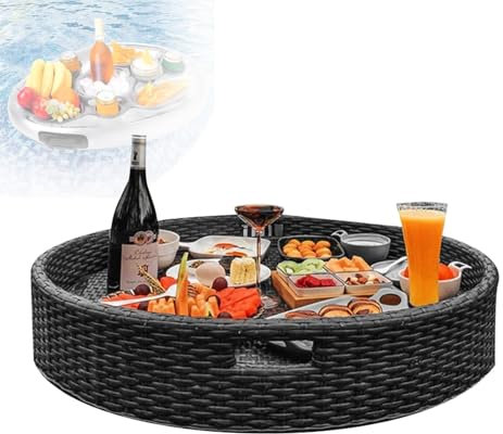 Schwimmendes Tablett FüR Den Swimmingpool, Schwimmender Tabletttisch, Aus Rattan Gewebt, Schwimmende Bar, Obstteller, GeträNkehalter, Zum Servieren Von GeträNken Im Pool,Black-60cm