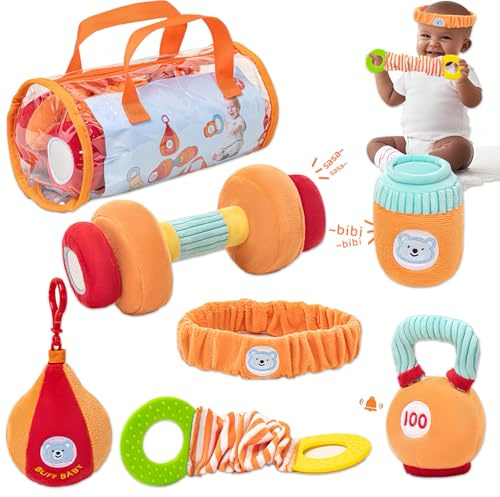 Gdbykds Juego de Juguetes de Fitness para Bebés de 6 Piezas, Juguetes Bebes 0-3 Meses - Juguetes Sensoriales con Mancuernas/Bolsos/Sacos de Arena/Hervidor de Agua, Montessori Bebe 0 a 6 Meses