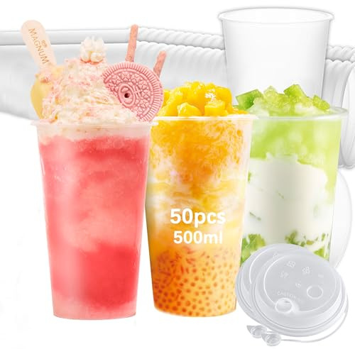 DSUID 50-Pack 500ml Disposable Plastic Cups with Lids, BPA-Free PP Cold Drink Cups for Party, Cocktails, Smoothies, Iced Coffee, Dishwasher Safe, -20℃ to 100℃​