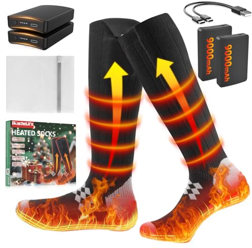 Calze Riscaldate a Batteria ikuchelife, 2 x 9000mAh/5V Max. 18 Ore Inverno Ricaricabili Calzini USB Riscaldati Scaldapiedi Elettrico Calze al ginocchio con 3 Temperature per l'intero Plantare