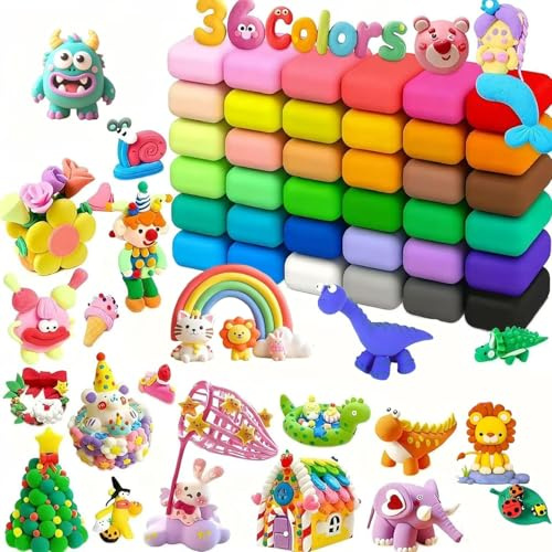 Modelliermasse Lufttrocknend, Air Dry Clay Set mit 36 Farben, Weiche Modelliermasse mit Zubehör für kreative Gestaltungsprojekte