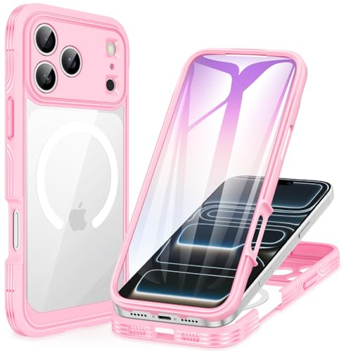 CENHUFO für iPhone 17 Pro Hülle, Kompatibel mit MagSafe Eingebautem 9H Panzerglas Displayschutz und Kameraschutz 360 Grad Schutzhülle Stoßfest Cover Case Magnetisch Handyhülle iPhone 17 Pro - Rosa