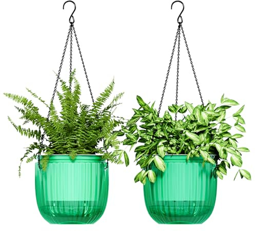 Bamworld Hängande Blomkruka Självvattenande Hängkorg för Inomhus Växter, Grön, 2-pack