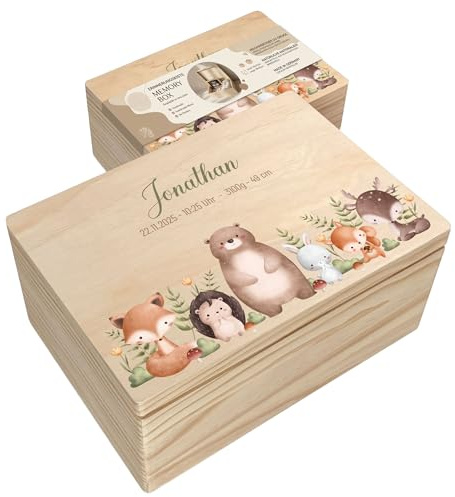 CRAFTNEZ - Baby Erinnerungsbox - personalisierte Holzkiste - Made in EU - Deckel mit Magnetverschluss - Erinnerungskiste mit Namen - Geschenk zur Geburt & Taufe (Mot7, S)