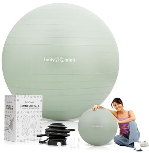 Body & Mind Gymnastikball inkl. Luftpumpe - Anti-Burst Pilates Ball, Pezziball für Schwangerschaft Ergonomischer Sitz als Büro-Stuhl, Sitzball für Yoga, Gymnastik & Workout (Grün, 55 cm)