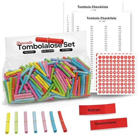 Generisch Tombola Lose Set mit Nieten – Lose Tombola, Gewinnlose & Nieten, nummerierte Tombolalose inkl. Checkliste & Sticker für Schule, Verein & Party (200 Gewinne / 500 Nieten)