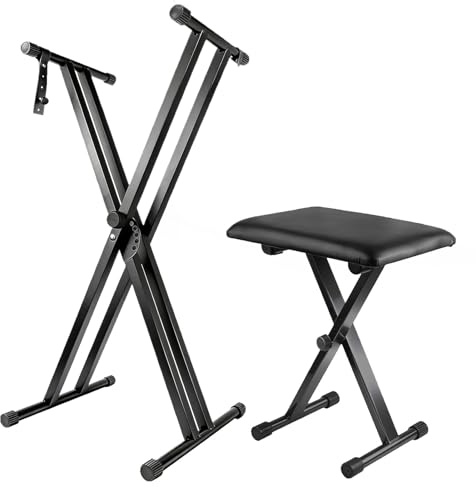 Piano Bench Set, Foldable Keyboard Stand with Non-slip Feet, 6 Adjustable Height Settings, Sturdy Metal Construction for Laptops & Dj Controllers