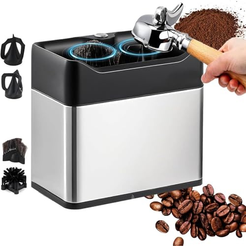 PioMue Elektrischer, automatischer Kaffeesatzreiniger, gewerblicher 58-mm-Siebträgerreiniger, elektrischer Siebträgerreiniger mit 2 Schabern und 2 Bürstenköpfen für Zuhause und Café Silver