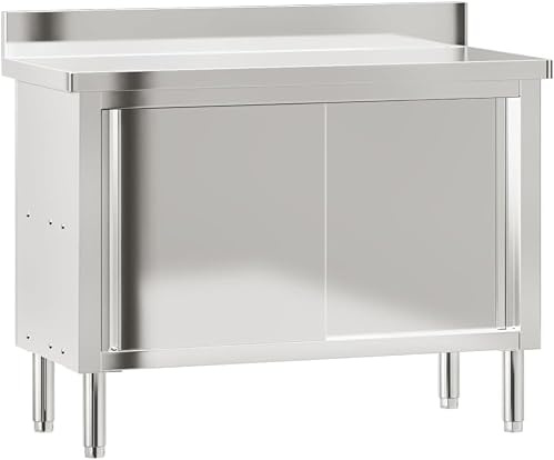 Chensyo Table de Travail INOX avec Portes Coulissantes, Meuble de Rangement Cuisine en Acier Inoxydable, Armoire Basse pour Préparation, Restaurant Hôtel Cantine Bar Laboratoire Garage