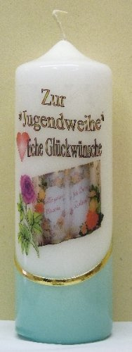 netsells handverzierte Kerze Zur Jugendweihe * Gold. Wachsauflagen * Farbiger Kerzenfuß * 6 x 18 cm *hellgrün (#034)