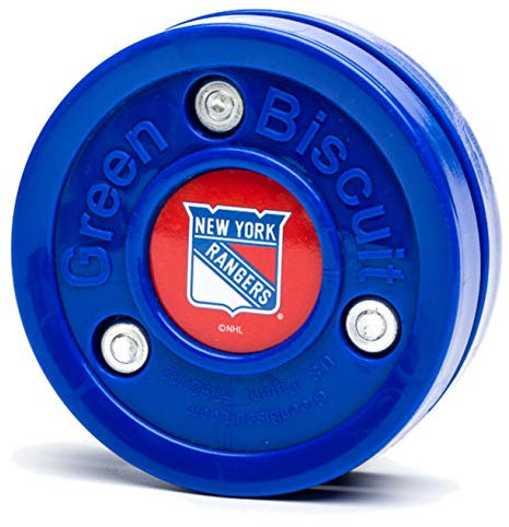 Green Biscuit NHL Pucks - New York Rangers - Hockey Training Puck, Stays Flat, Passing/Handling Street Hockey
