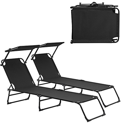 casa.pro Sonnenliege Lomeda 2er Set Liegestuhl klappbar Relaxliege Strandliege bis 110 kg 187 x 53 x 27 cm Gartenliege mit Sonnenschutz Rückenlehne verstellbar Stahlgestell Schwarz
