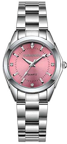 CHRONOS Orologio da polso da donna, al quarzo, impermeabile, in acciaio inox, analogico, rosa, Bracciale