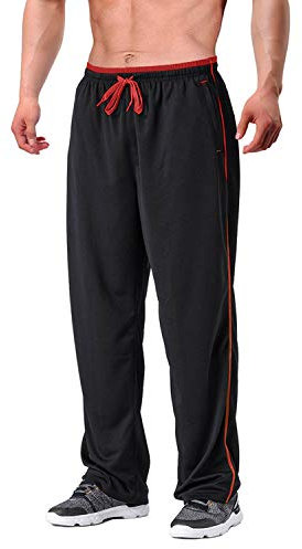 EKLENTSON Pantalon de Survêtement en Maille pour Homme avec Poches Zippées et Bas Ouvert Coupe Ample Rouge M