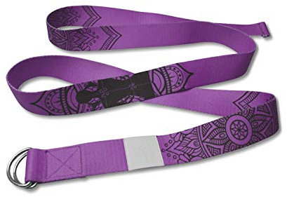 Yoga World Yoga-Gurt – Stretch-Gürtel für Flexibilitätstraining, Pilates, Bewegung, Fitness, Physiotherapie – Dicke Bio-Baumwolle – für Studio & Zuhause – D-Ring Metallschnallen 1,8 m (lila schwarz)