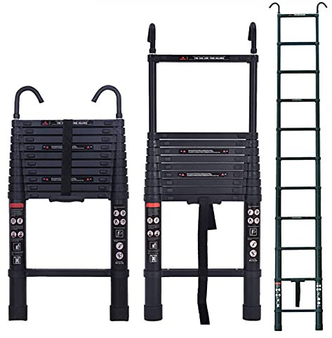 10.5ft Telescopic Folding Ladder Extension Aluminum 3.2m Straight Ladder with 2 Roof Hooks Attic Telescoping Ladder Portable Foldable Anti-Slip Step Multi-Purpose EN131 Safe Standard MAX Load 330LB