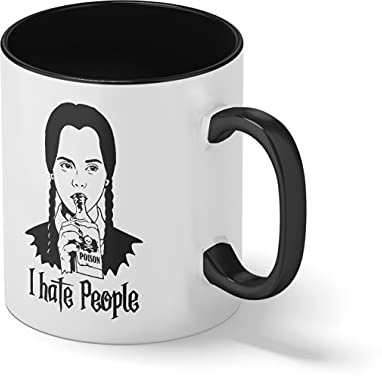 I hate people I hate everything Wednesday Addams Family Halloween Bianco tazza di caffè con Nero Rim & Handle Mug