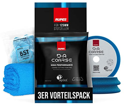 Polierpad Set: Rupes Bigfoot Polierschwamm für 125mm Stützteller - D-A Coarse Ø130-150mm blau (3 STK.) + ChemicalWorkz Premium Poliertuch 500GSM | 4-teilig