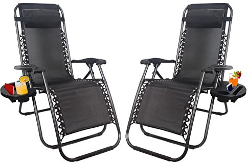 1ABOVE Set of 2_Folding Reclining Chairs_Heavy Duty Textoline Zero Gravity Chairs_Garden Outdoor Patio Sun Loungers ((BLACK)