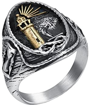 HIJONES Herren Edelstahl Leuchtturm Siegelring Nautisch Vintage Statement Ehering Gold Silber Größe 65