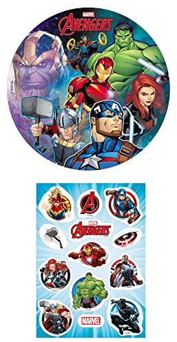 2er Set Avengers Essbarer Tortenaufleger + Mini-Törtchenaufleger, Tortendeko Kindergeburtstag (Avengers Nr.2)